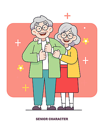 전신 여자 할아버지 노년 남자 꽃 행복 할머니 분홍색 일러스트 서기 웃음 두명 손들기 노부부 기쁨 노인만 안경낌 어깨에손 일러캐릭터 AI파일 식물 캐릭터 부부 감정 안경 컬러 모션 표정 사람 성인 성인만 파일형식 벡터
