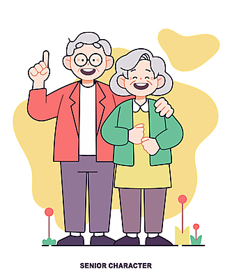 전신 여자 할아버지 노년 남자 행복 할머니 일러스트 서기 두명 노란색 손들기 노부부 기쁨 가리킴 풀 노인만 안경낌 어깨에손 일러캐릭터 AI파일 식물 캐릭터 부부 감정 안경 컬러 모션 사람 손짓 성인 성인만 파일형식 벡터