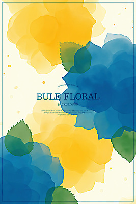 PSD 꽃 백그라운드 잎 일러스트 수채화 사람없음 파란색 노란색 심플 번짐 겹침 국내일러스트 식물 컬러 파일형식 효과