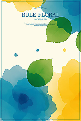 PSD 꽃 백그라운드 잎 일러스트 수채화 사람없음 파란색 노란색 심플 번짐 겹침 국내일러스트 식물 컬러 파일형식 효과