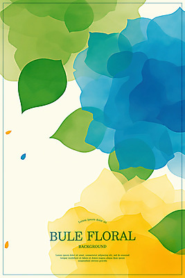 PSD 꽃 백그라운드 잎 일러스트 수채화 사람없음 초록색 파란색 노란색 심플 번짐 겹침 국내일러스트 식물 컬러 파일형식 효과