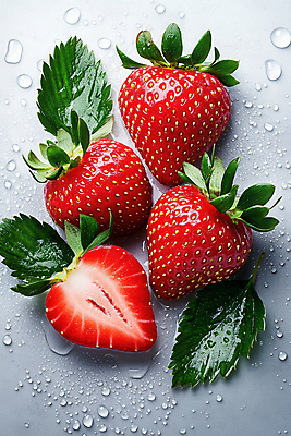 JPG 편집이미지 잎 딸기 단면 사람없음 물방울 신선 액체 편집실사 AI포토 AI콘텐츠 식물 과일 CG 파일형식