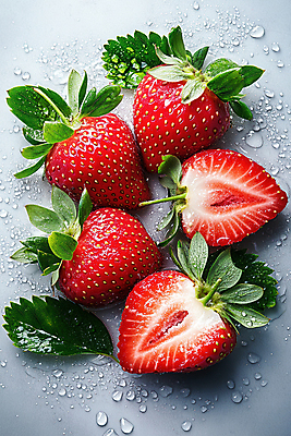 JPG 편집이미지 잎 딸기 단면 사람없음 물방울 신선 액체 편집실사 AI포토 AI콘텐츠 식물 과일 CG 파일형식