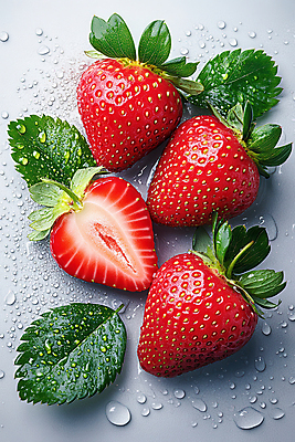 JPG 무료이미지 편집이미지 잎 딸기 단면 사람없음 물방울 신선 액체 편집실사 AI포토 AI콘텐츠 식물 과일 CG 파일형식