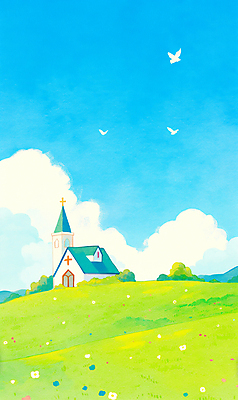 JPG 구름 기독교 십자가 꽃밭 일러스트 조류 하늘 사람없음 연두색 교회 봄풍경 풀 언덕 국내일러스트 AI일러스트 AI콘텐츠 자연요소 식물 동물 꽃 종교 종교건축 풍경 건물 초록색 봄 파일형식