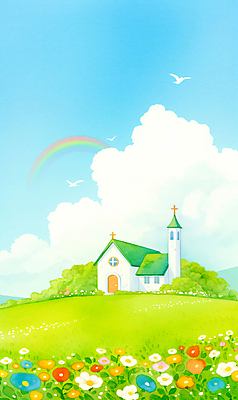 JPG 구름 기독교 십자가 무지개 꽃밭 일러스트 조류 하늘 초원 사람없음 연두색 교회 봄풍경 풀 언덕 국내일러스트 AI일러스트 AI콘텐츠 자연요소 식물 동물 꽃 종교 종교건축 풍경 건물 초록색 봄 파일형식