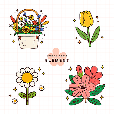 잎 일러스트 사람없음 반짝임 봄 튤립 진달래 데이지 꽃바구니 엘리먼트 국내일러스트 AI파일 식물 계절 꽃 모션 바구니 파일형식 벡터