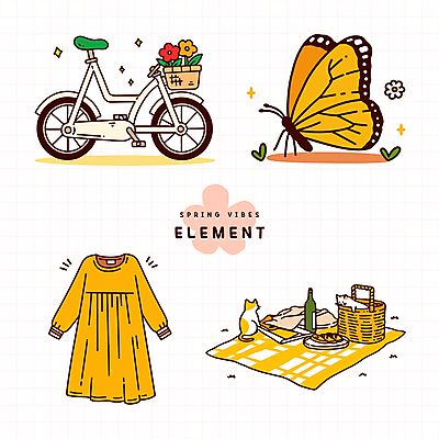 그릇 원피스 빵 나비 일러스트 사람없음 책 반짝임 노란색 자전거 고양이 봄 천 와인병 오브젝트 돗자리 꽃바구니 엘리먼트 국내일러스트 AI파일 식기 옷 계절 꽃 음식 컬러 곤충 포유류 모션 병_용기 반려동물 바구니 와인 바이크 직물 파일형식 벡터