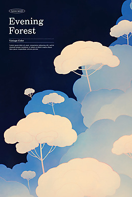 PSD 나무 구름 일러스트 자연 사람없음 평화 저녁 숲 편안함 남색 몽환 국내일러스트 자연요소 식물 컬러 컨셉 감각 야간 생태계 파일형식