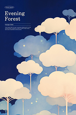 PSD 나무 구름 일러스트 자연 사람없음 평화 저녁 숲 편안함 남색 몽환 국내일러스트 자연요소 식물 컬러 컨셉 감각 야간 생태계 파일형식