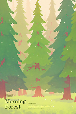 PSD 나무 구름 일러스트 자연 아침 사람없음 초록색 햇빛 평화 숲 편안함 몽환 국내일러스트 주간 자연요소 식물 컬러 컨셉 태양 감각 생태계 파일형식