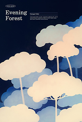 PSD 나무 구름 일러스트 자연 사람없음 평화 저녁 숲 편안함 남색 몽환 국내일러스트 자연요소 식물 컬러 컨셉 감각 야간 생태계 파일형식