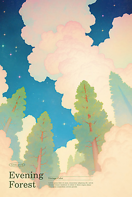 PSD 나무 구름 일러스트 자연 밤하늘 사람없음 평화 저녁 숲 편안함 몽환 국내일러스트 자연요소 식물 컨셉 하늘 감각 야간 생태계 파일형식