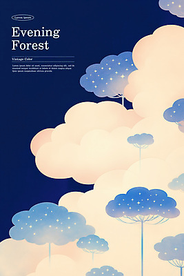 PSD 나무 구름 포스터 일러스트 자연 사람없음 반짝임 평화 저녁 숲 편안함 남색 몽환 국내일러스트 자연요소 식물 컬러 컨셉 모션 감각 야간 생태계 파일형식