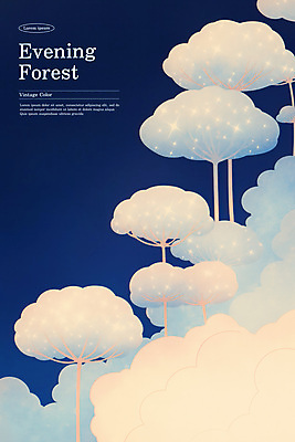 PSD 나무 구름 일러스트 자연 사람없음 평화 저녁 숲 편안함 남색 몽환 국내일러스트 자연요소 식물 컬러 컨셉 감각 야간 생태계 파일형식