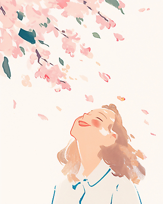 JPG 여자 꽃잎 행복 분홍색 일러스트 한명 웃음 상반신 성인 봄풍경 벚나무 고개들기 감성 성인여자한명만 흩날리기 국내일러스트 AI일러스트 AI콘텐츠 나무 1 꽃 감정 컬러 컨셉 모션 표정 사람 풍경 봄 벚꽃 여자한명만 성인여자만 파일형식