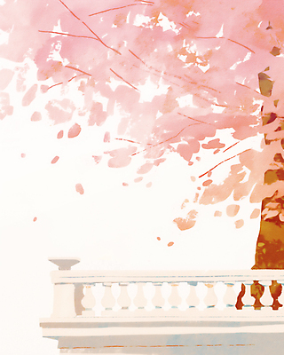 JPG 꽃잎 분홍색 일러스트 난간 사람없음 봄풍경 벚나무 감성 국내일러스트 AI일러스트 AI콘텐츠 나무 꽃 컬러 컨셉 풍경 봄 벚꽃 파일형식