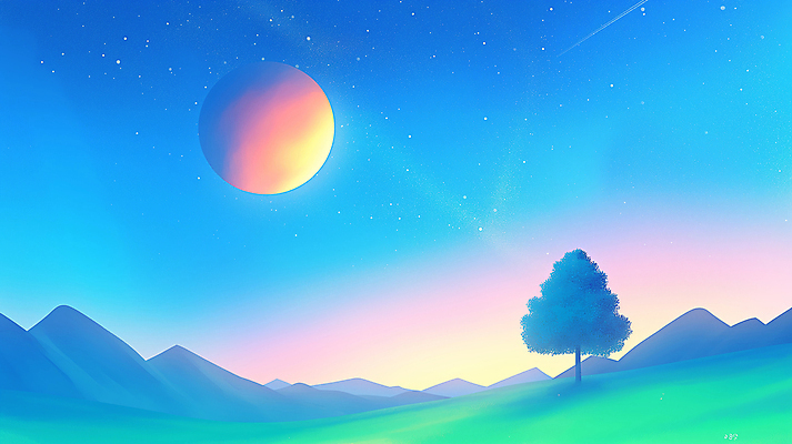 JPG 나무 구름 일러스트 자연 하늘 산 풍경 사람없음 파란색 노을 행성 상상력 초현실주의 국내일러스트 AI일러스트 AI콘텐츠 자연요소 식물 컬러 우주 생태계 파일형식