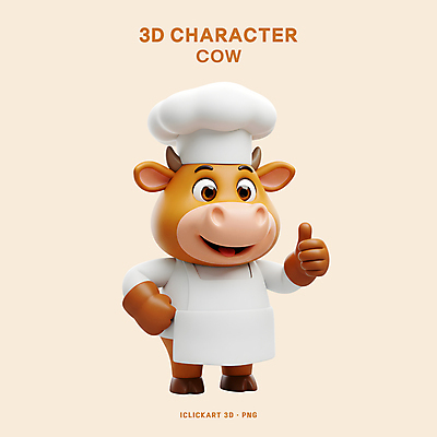 PSD 편집이미지 허리손 3D캐릭터 요리사모자 미소 사람없음 3D 요리사 앞치마 소 따봉 소캐릭터 베이지색 편집3D 직업 캐릭터 모자_잡화 컬러 동물캐릭터 포즈 포유류 표정 최고 디지털합성 파일형식