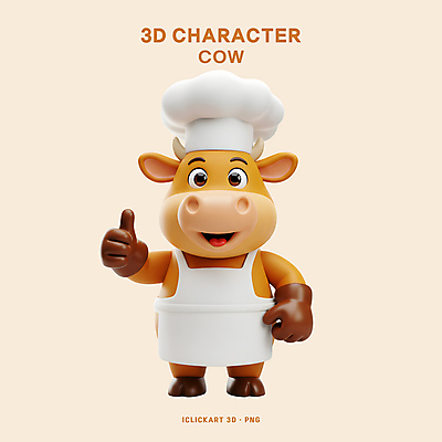 PSD 편집이미지 3D캐릭터 요리사모자 미소 사람없음 3D 요리사 앞치마 소 따봉 소캐릭터 베이지색 편집3D 직업 캐릭터 모자_잡화 컬러 동물캐릭터 포유류 표정 최고 디지털합성 파일형식