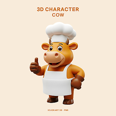 PSD 편집이미지 허리손 3D캐릭터 요리사모자 미소 사람없음 3D 요리사 앞치마 소 따봉 소캐릭터 베이지색 편집3D 직업 캐릭터 모자_잡화 컬러 동물캐릭터 포즈 포유류 표정 최고 디지털합성 파일형식