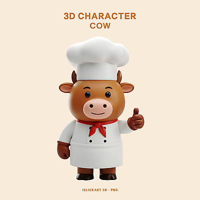 PSD 편집이미지 3D캐릭터 요리사모자 미소 사람없음 3D 요리사 앞치마 소 따봉 소캐릭터 베이지색 편집3D 직업 캐릭터 모자_잡화 컬러 동물캐릭터 포유류 표정 최고 디지털합성 파일형식
