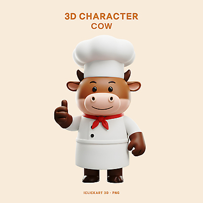 PSD 편집이미지 3D캐릭터 요리사모자 미소 사람없음 3D 요리사 앞치마 소 따봉 소캐릭터 베이지색 편집3D 직업 캐릭터 모자_잡화 컬러 동물캐릭터 포유류 표정 최고 디지털합성 파일형식