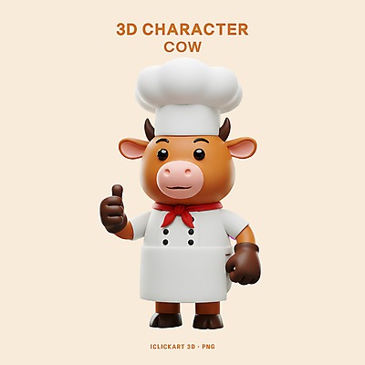 PSD 편집이미지 3D캐릭터 요리사모자 미소 사람없음 3D 요리사 앞치마 소 따봉 소캐릭터 베이지색 편집3D 직업 캐릭터 모자_잡화 컬러 동물캐릭터 포유류 표정 최고 디지털합성 파일형식