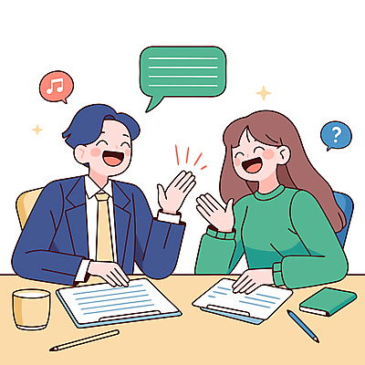 여자 남자 말풍선 의자 음표 일러스트 대화 웃음 앉기 상반신 성인 두명 컵 반짝임 연필 손들기 공책 물음표 책상 즐거움 방송 대본 성인만 국내일러스트 AI파일 식기 기호 감정 음악 가구 모션 문구용품 학용품 표정 말하기 사람 필기구 파일형식 벡터