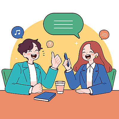 여자 남자 말풍선 의자 일러스트 대화 웃음 들기 앉기 상반신 성인 두명 반짝임 펜 공책 물음표 책상 방송 따봉 테이크아웃컵 성인만 국내일러스트 AI파일 기호 가구 모션 문구용품 표정 말하기 사람 컵 필기구 최고 파일형식 벡터