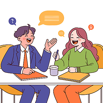 여자 남자 말풍선 의자 일러스트 대화 웃음 들기 앉기 성인 두명 연필 손들기 공책 물음표 책상 방송 성인만 국내일러스트 AI파일 기호 가구 모션 문구용품 학용품 표정 말하기 사람 필기구 파일형식 벡터