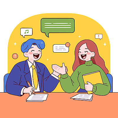 여자 남자 말풍선 의자 음표 일러스트 대화 웃음 들기 앉기 상반신 성인 두명 반짝임 연필 손들기 공책 느낌표 책상 방송 대본 성인만 국내일러스트 AI파일 기호 음악 가구 모션 문구용품 학용품 표정 말하기 사람 필기구 파일형식 벡터