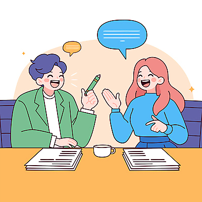 여자 남자 말풍선 의자 일러스트 대화 웃음 들기 앉기 상반신 성인 두명 컵 반짝임 연필 손들기 가리킴 책상 방송 대본 성인만 국내일러스트 AI파일 식기 가구 모션 학용품 표정 말하기 사람 손짓 필기구 파일형식 벡터