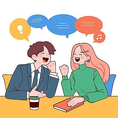 여자 남자 말풍선 의자 음표 일러스트 전구 대화 웃음 앉기 상반신 성인 두명 손들기 공책 턱괴기 책상 방송 테이크아웃컵 성인만 국내일러스트 AI파일 기호 음악 가구 모션 문구용품 표정 말하기 사람 컵 파일형식 벡터