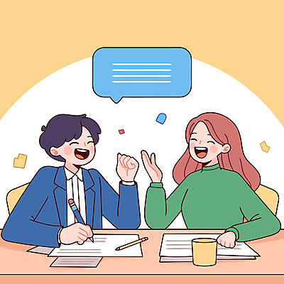 여자 남자 말풍선 의자 일러스트 대화 웃음 앉기 상반신 성인 두명 컵 연필 손들기 주먹 잡기 책상 방송 대본 성인만 국내일러스트 AI파일 식기 가구 모션 학용품 표정 말하기 사람 필기구 파일형식 벡터