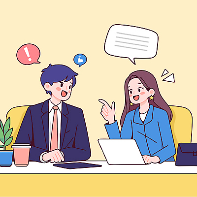 여자 남자 화분 말풍선 잎 의자 일러스트 대화 웃음 앉기 상반신 성인 두명 노트북 가리킴 느낌표 책상 방송 따봉 테이크아웃컵 성인만 국내일러스트 AI파일 식물 기호 가구 모션 표정 말하기 사람 손짓 컵 전자제품 최고 파일형식 벡터