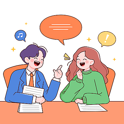 여자 남자 말풍선 의자 음표 일러스트 대화 웃음 앉기 상반신 성인 두명 반짝임 손들기 가리킴 느낌표 책상 방송 대본 성인만 국내일러스트 AI파일 기호 음악 가구 모션 표정 말하기 사람 손짓 파일형식 벡터