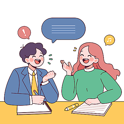 여자 남자 말풍선 음표 일러스트 웃음 상반신 성인 두명 손들기 느낌표 책상 방송 스프링노트 대본 성인만 국내일러스트 AI파일 기호 음악 가구 모션 표정 사람 공책 파일형식 벡터