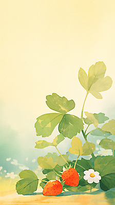 JPG 꽃 잎 일러스트 자연 딸기 수채화 사람없음 연두색 딸기밭 국내일러스트 AI일러스트 AI콘텐츠 식물 밭 과일 초록색 생태계 파일형식