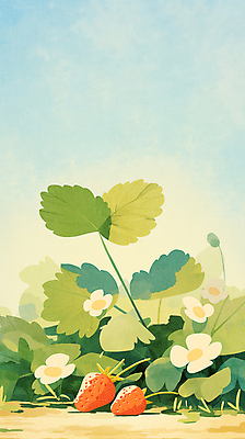 JPG 꽃 잎 일러스트 자연 하늘 딸기 수채화 사람없음 연두색 딸기밭 국내일러스트 AI일러스트 AI콘텐츠 식물 밭 과일 초록색 생태계 파일형식