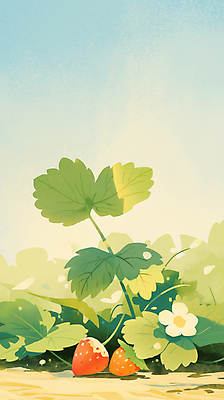 JPG 꽃 잎 일러스트 자연 하늘 딸기 수채화 사람없음 연두색 딸기밭 국내일러스트 AI일러스트 AI콘텐츠 식물 밭 과일 초록색 생태계 파일형식