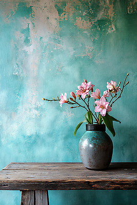 JPG 편집이미지 꽃 화분 벽 하늘색 사람없음 질감 나무탁자 편집실사 AI포토 AI콘텐츠 식물 탁자 파란색 CG 파일형식