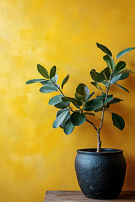 JPG 편집이미지 화분 벽 나뭇잎 사람없음 노란색 나뭇가지 질감 나무탁자 편집실사 AI포토 AI콘텐츠 나무 컬러 잎 탁자 CG 파일형식