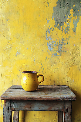 JPG 편집이미지 벽 사람없음 컵 노란색 질감 나무탁자 편집실사 AI포토 AI콘텐츠 식기 컬러 탁자 CG 파일형식