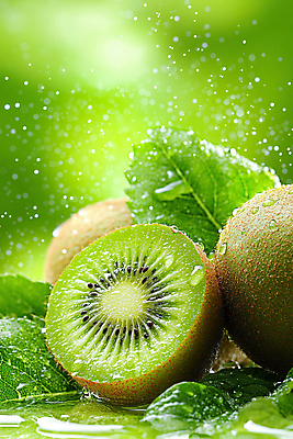 JPG 편집이미지 잎 단면 키위 사람없음 초록색 물 빛 물방울 신선 보케 편집실사 AI포토 AI콘텐츠 자연요소 식물 컬러 과일 CG 파일형식