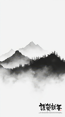 PSD 나무 편집이미지 자연 붓터치 근하신년 새해 산 사람없음 안개 새해인사 연하장 번짐 산수화 이미지편집 식물 날씨 카드_감사 인사 동양화 생태계 파일형식 효과