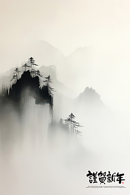 PSD 나무 편집이미지 자연 붓터치 근하신년 새해 산 사람없음 안개 새해인사 연하장 번짐 산수화 적벽강 이미지편집 식물 날씨 카드_감사 강 인사 동양화 생태계 부안 파일형식 효과