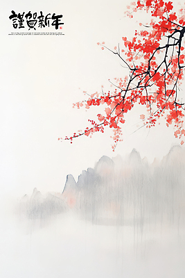 PSD 편집이미지 꽃 자연 붓터치 근하신년 새해 산 사람없음 빨간색 안개 새해인사 나뭇가지 연하장 번짐 산수화 이미지편집 나무 식물 컬러 날씨 카드_감사 인사 동양화 생태계 파일형식 효과