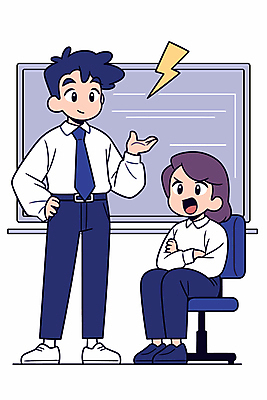 전신 여자 남자 일러스트 안내 직장 대화 미소 앉기 정장 성인 두명 파란색 손들기 팔짱 칠판 직장인 활기 바퀴의자 번개모양 성인만 국내일러스트 AI파일 모양 직업 옷 컬러 컨셉 의자 회사 모션 표정 말하기 사람 번개 파일형식 벡터