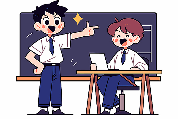 전신 남자 허리손 의자 일러스트 직장 대화 서기 미소 웃음 앉기 정장 성인 두명 노트북 반짝임 칠판 가리킴 직장인 책상 활기 성인남자만 국내일러스트 AI파일 직업 옷 포즈 가구 컨셉 회사 모션 표정 말하기 사람 손짓 전자제품 남자만 성인만 파일형식 벡터